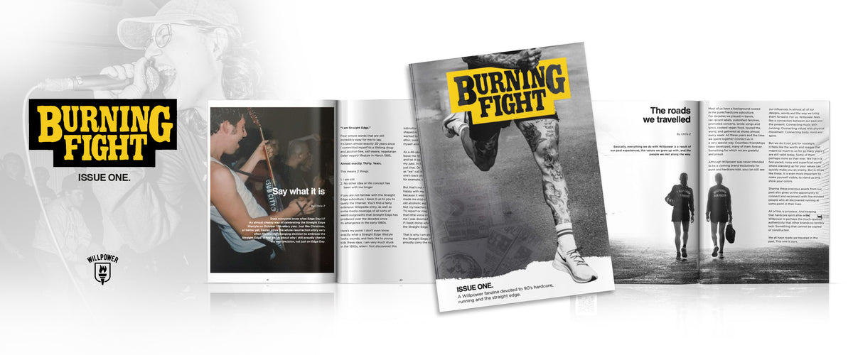 Open magazine titled 'Burning Fight' with a cover featuring a person running.