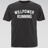 Black t-shirt with 'WILLPOWER RUNNING' text on a gray background