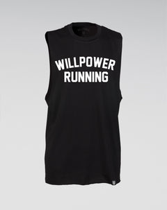 Black sleeveless shirt with 'WILLPOWER RUNNING' text on a gray background