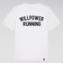 White t-shirt with 'WILLPOWER RUNNING' text on a gray background