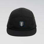 Black cap with a logo on a light gray background