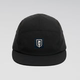 Black cap with a logo on a light gray background