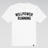 White t-shirt with 'WILLPOWER RUNNING' text on a gray background