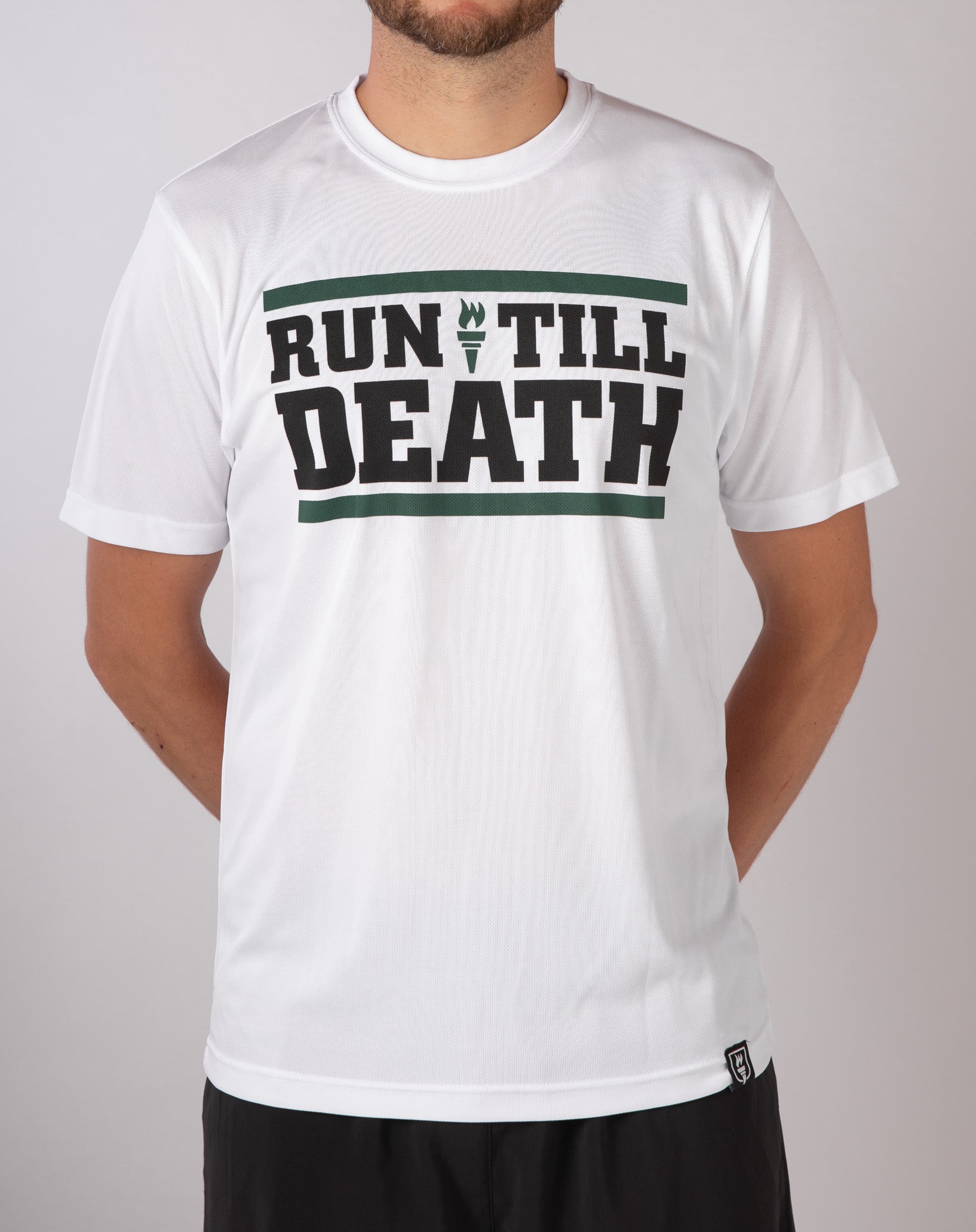 A male model wearing a white t-shirt with the text 'Run Till Death' printed in grey on the front.